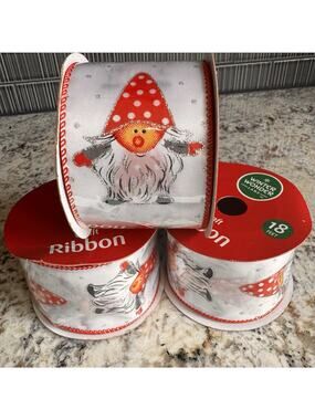 Christmas Gnomes Holiday Ribbon (3) Wire Edged, 18' Per Roll (54 Total), 2" Wide